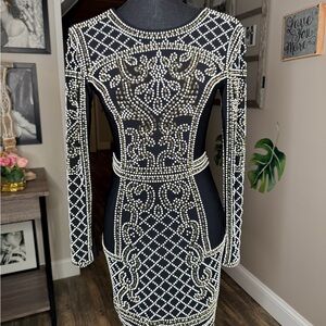 Xscape Black and White Beaded Long Sleeve Dress